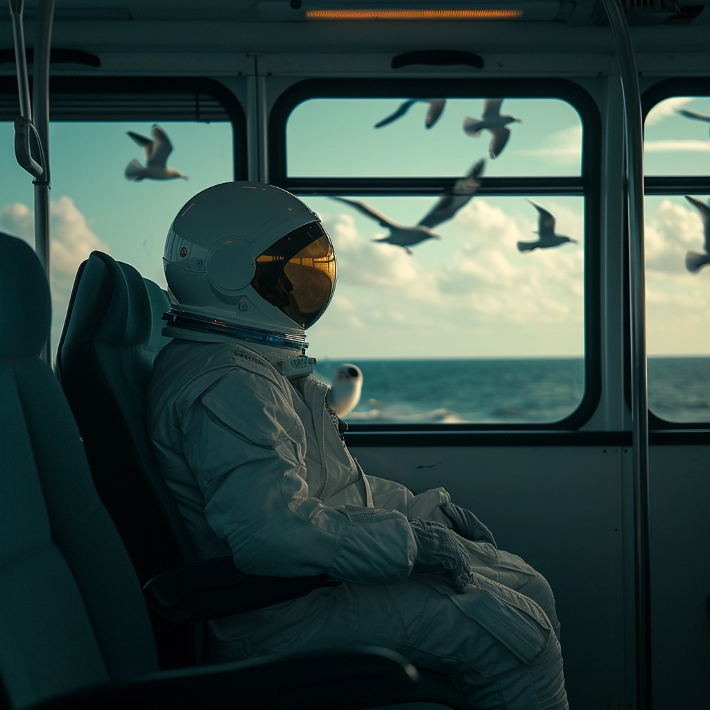 Astronaut driving in a bus, style cinematic, Norderney Wattenmeer seagull s in the background