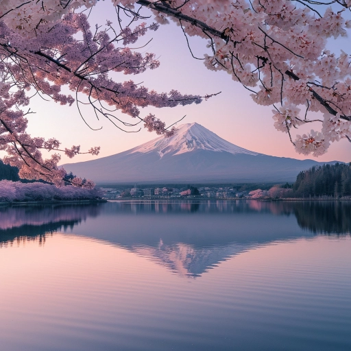 a photo of mt fuji with a lake in the foreground and a blossom tree pink