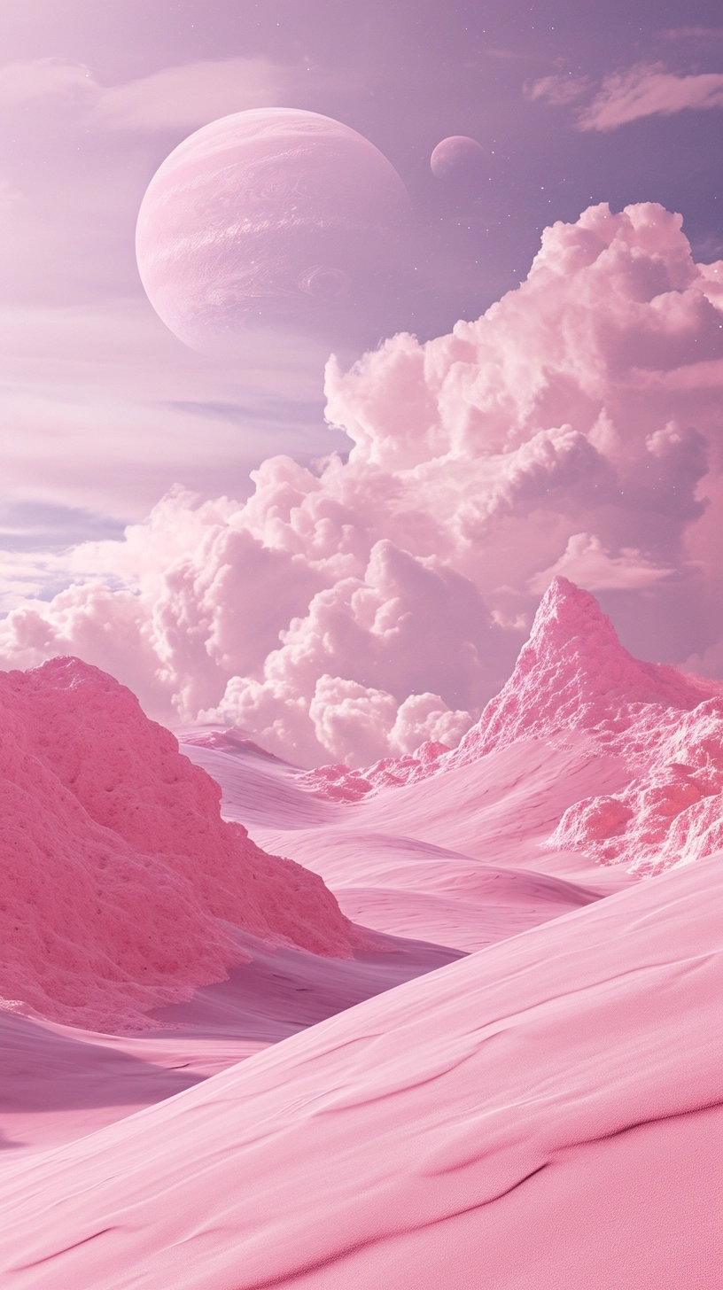 Smooth pink desert, smooth pink sky, pink clouds, pink things in the sky, planets, moons, high quality, highly detailed, intricate illustration that draws inspiration from the artistic styles of Hieronymus Bosch, Katsushika Hokusai, and Zdzisław Beksiński, The theme revolves around a surreal dreamscape where mythical creatures coexist with cosmic elements, creating a captivating blend of the fantastical and otherworldly, unearthly tones, ethereal shades, This collaborative masterpiece would take viewers on a visual journey through a realm where the boundaries between dreams and reality blur, inviting them to explore the intricate details of a fantastical narrative that unfolds in a surreal and cosmic dreamscape, high detailed,
