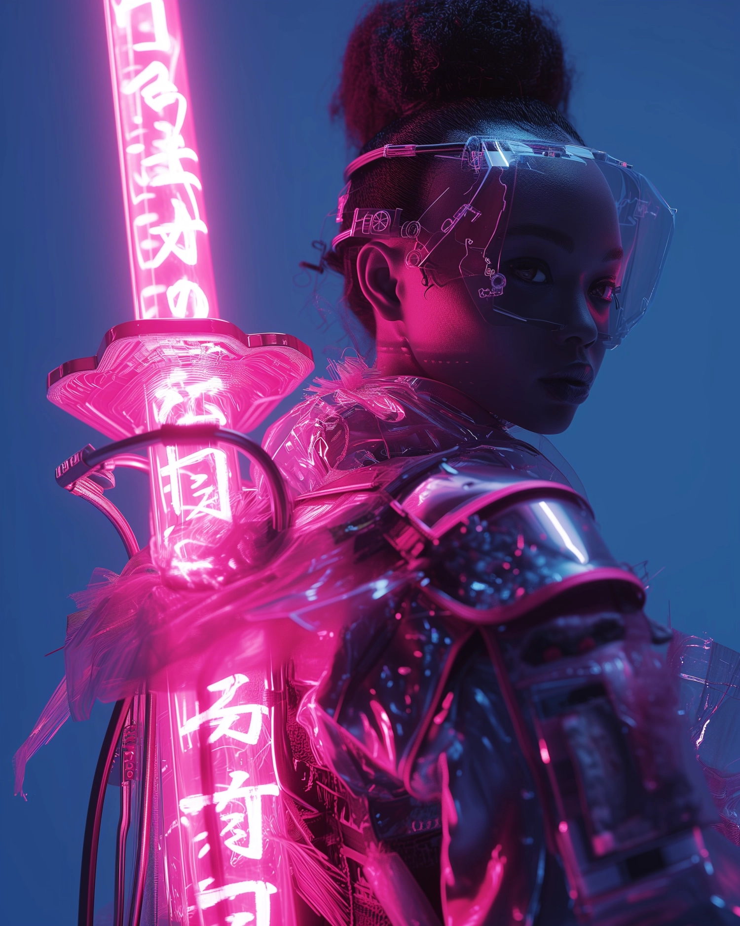 Hyper realistic cyberpunk woman samurai, holding massive weird weapons made of pink glass with pink japanese glowing neon kanjis, her attire is a mix of traditional samurai clothing and futuristic streetwear made of transparent glossy plastic and glass, plastic mesh and multiple cloth fastenings, the clothing it's inspired by the fashion brand Off-White, deep blue background, ultra hd, rendered in houdini