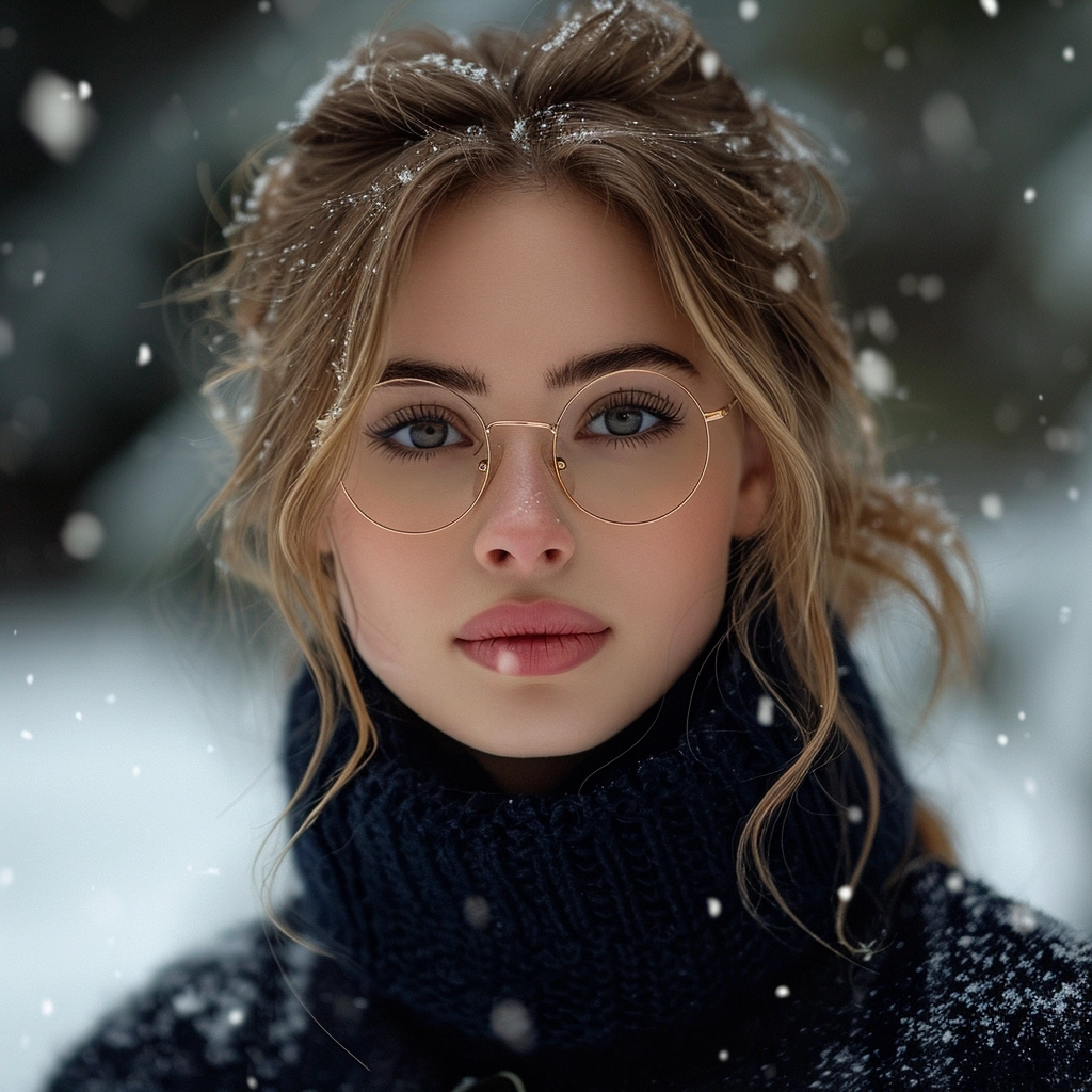 Young cute woman with round glasses standing in the snow, model, full body, many details, photorealism