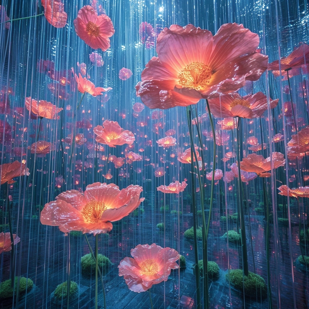 Imagine a masterpiece artwork by the Japanese art collective teamLab, renowned for their fusion of technology, nature, and art. This digital creation features a vibrant and unique display of flowers, each meticulously detailed and bursting with vivid colors. The scene is set in a magical, ethereal space that blurs the lines between the digital and natural worlds. Illuminated petals and leaves glow softly, creating an immersive, dream-like atmosphere. The composition showcases teamLab's signature style of blending traditional Japanese aesthetics with futuristic digital art, making it a true visual feast.