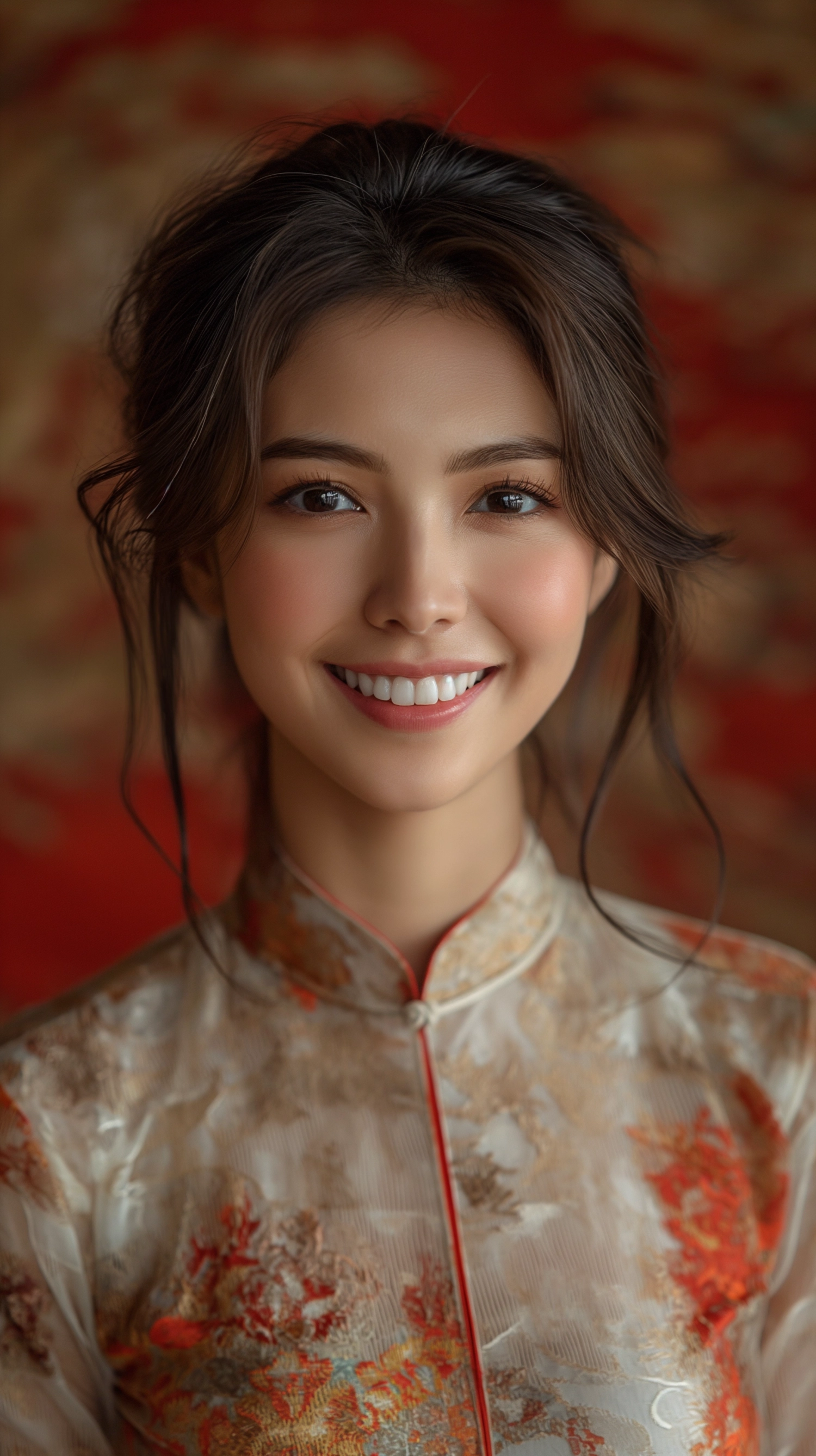 Indoor photograph portrait of a Vietnamese woman in her 20s wearing tradiitonal outfits, red and brown background. The woman is smiling into the camera and showing her teeth
