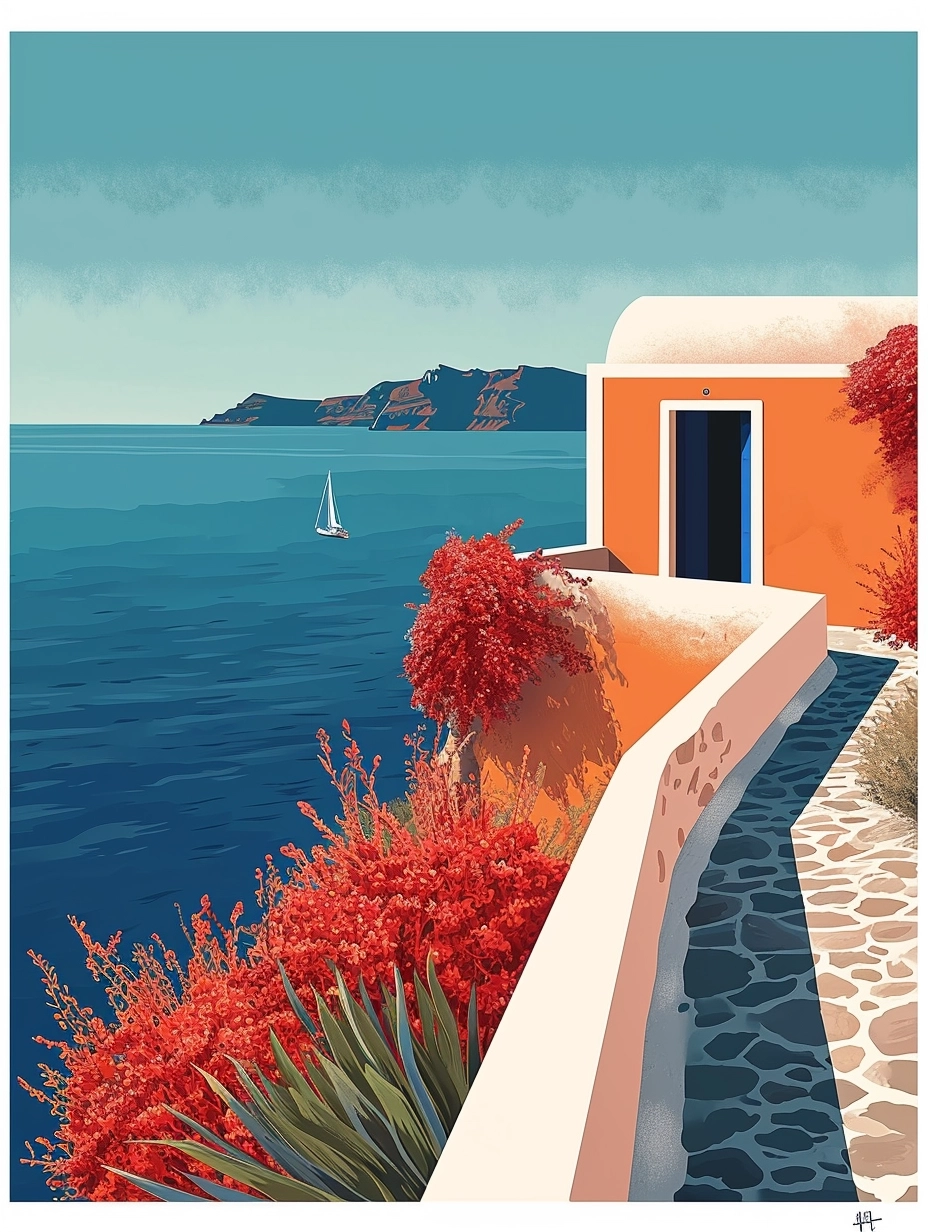 Minimalism, graphic design, poster, Santorini landscape, stunning, Summer, blue sea, graphic poster