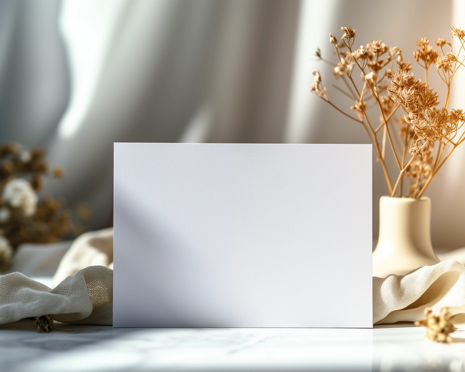 Photorealistic image of a white blank notice invitation paper on a table, with small luxurious decorations and boho tones decorative elements, soft daylight, close up on the white notice invitation paper , shallow depth of field, minimalistic photogrpahy