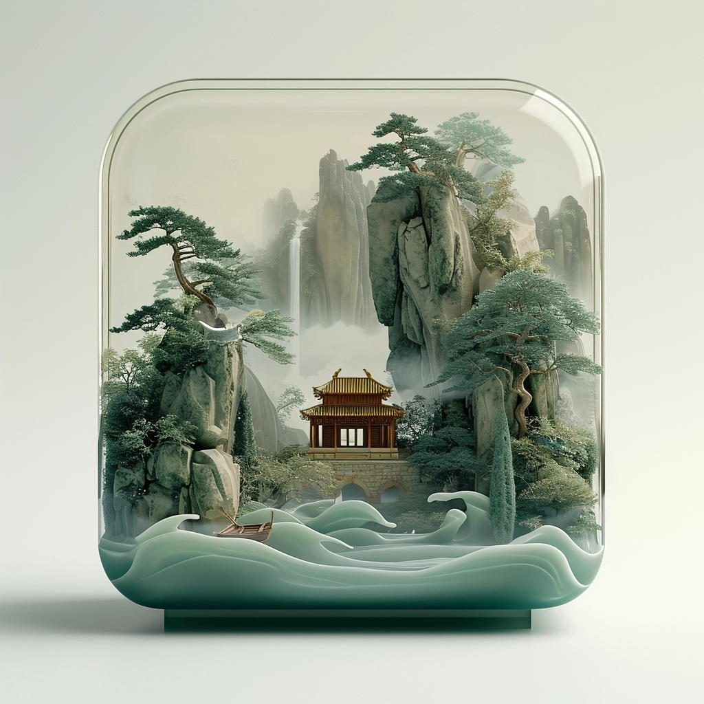 Front view of A simple and ethereal traditional Chinese landscape and a Tang Dynasty small wooden boat in a square glass container and a small exquisite Tang Dynasty building are located in it. The picture has some mist and Eastern Zen. exquisite landscape painting, delicate landscape paintings, realistic, detailed rendering, soft tones, light whites and green, flowing textures, dreamy landscapes, translucent colors, 8K, HD, high detail, Unrealengine, C4D Renderer, Meticulously crafted, octane render, Unreal Engine, Maxon Cinema 4D, Ultra HD Picture, Realistic details