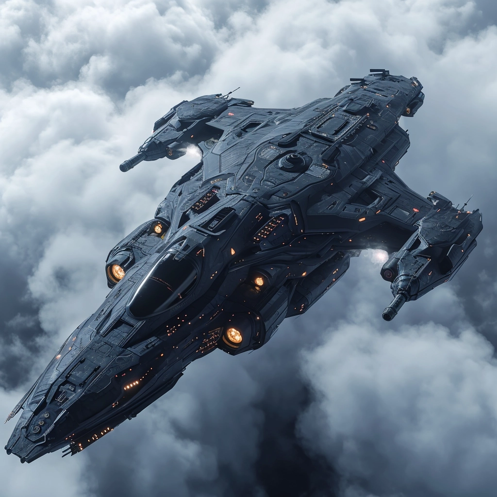 A large spaceship in a cloudy sky, in the style of hyper-realistic sci-fi, dark black and indigo, dynamic and action-packed, precisionist lines and shapes, manticore, #vfxfriday, sharp attention to detail