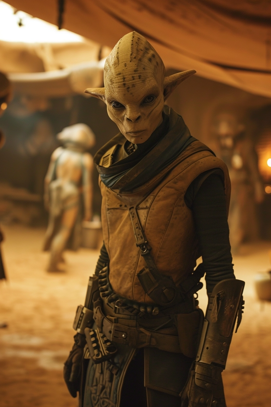 Cinematic film still from a big budget scifi film in the style of Roger Deakins and Ridley Scott, full of mood and atmosphere featuring a medium shot of a [rugged and intimidating alien female bounty hunter with an exotic and bizarre face] character facing towards the camera wearing [rustic outlaw clothes and battered and worn bounty hunter armor] standing in a [dusty alien outpost with various aliens in the background]