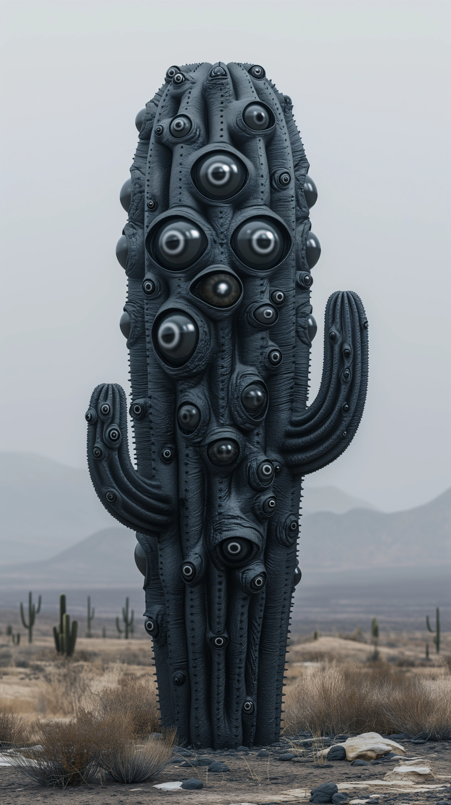 A black cactus made of many eyes, creepy, scary, desert background, black color tones, monochrome, muted color tones, dark cyberpunk, surrealism, hyperrealism, fashion design, photo realistic, cinematic, front view, wide angle, ultra detailed, 32k, canon eos 5d mark iv