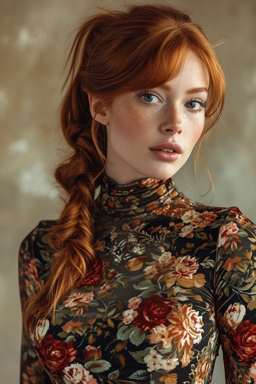 Swedish supermodel, red hair, sleek ponytail, hyper realistic, natural beauty model, bodycon shiny floral mini dress, turtle neck, gorgeous body, long beautiful legs, slim waist, happy, full body color photography