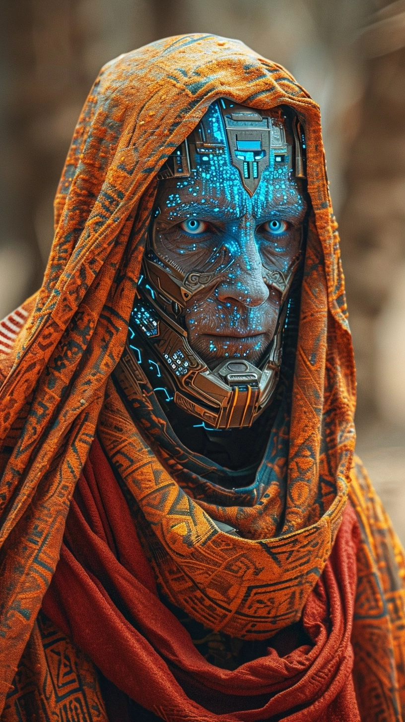 Fragmentation of forms, motherboard, speakers, music playback, people in robes, blue eyes, desert, ancient keepers of secret knowledge covered with augmented reality, portrait, realistic photo, professional photo