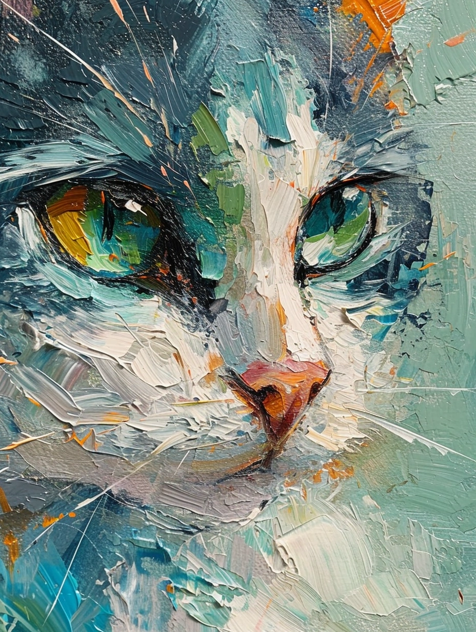An abstract portrait of a soft attractive Cat, oil painting on raw linen canvas, gestural alla prima style, in the style of paul hedley, light blue and green, close up, flat figuration, detailed portraits, hard edge painter, warm color palette, textile art, figurative abstract oil portrait, textured expressionist portrait, pensive poses