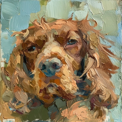 An abstract portrait of a soft attractive brown working cocker spaniel, oil painting on raw linen canvas, gestural alla prima style, in the style of paul hedley, light blue and green, close up, flat figuration, detailed portraits, hard edge painter, warm color palette, textile art, figurative abstract oil portrait, textured expressionist portrait, pensive poses