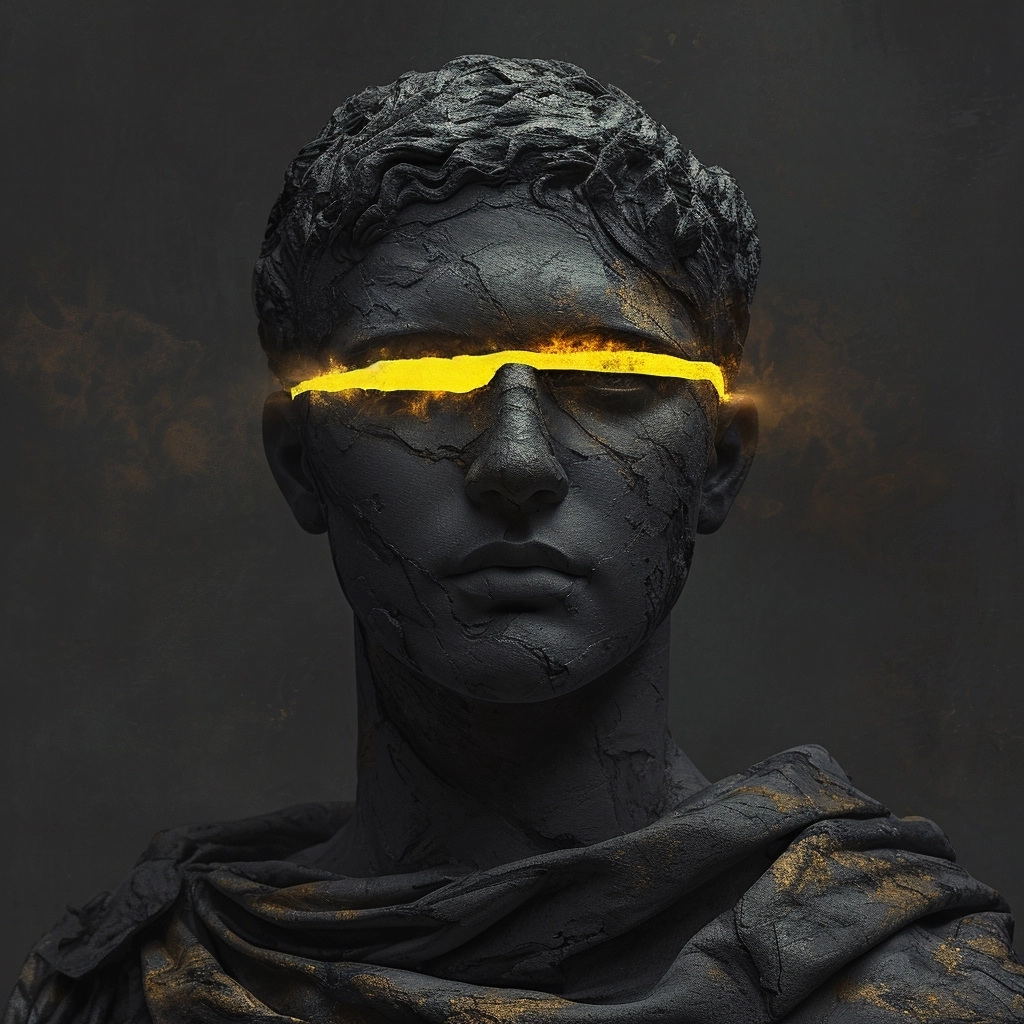Emil Hajaj creates surreal digital art with one black eye in the style of dark black and yellow, androgynous, statue of a man - ancient Greek, antiquity, stone statue, Ancient Greece, Rome, separate tinting, representation of the human form, studio portrait, Alexander Deineka - v 6