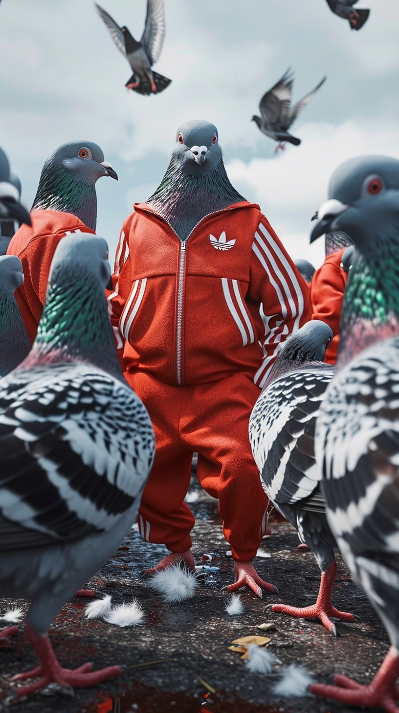 Hyper realistic photography of a pigeon wearing an Adidas track suit and making breakdancing, surrounded by other pigeons wearing adidas track suits