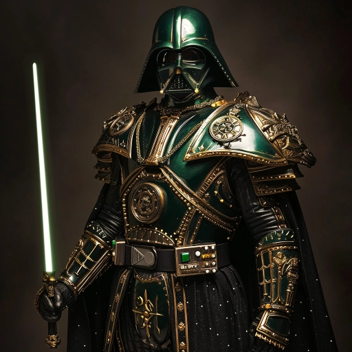 Darth Vader, but his armor is in the style of medieval green and gold armor and he has a lightsaber