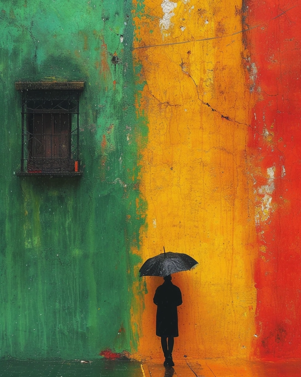 Black and white photo of a person walking with an umbrella, in the style of rainbowcore, sharp & vivid colors, Special green, monsù desiderio, bordalo ii, photo-realistic hyperbole, transavanguardia, luke fildes