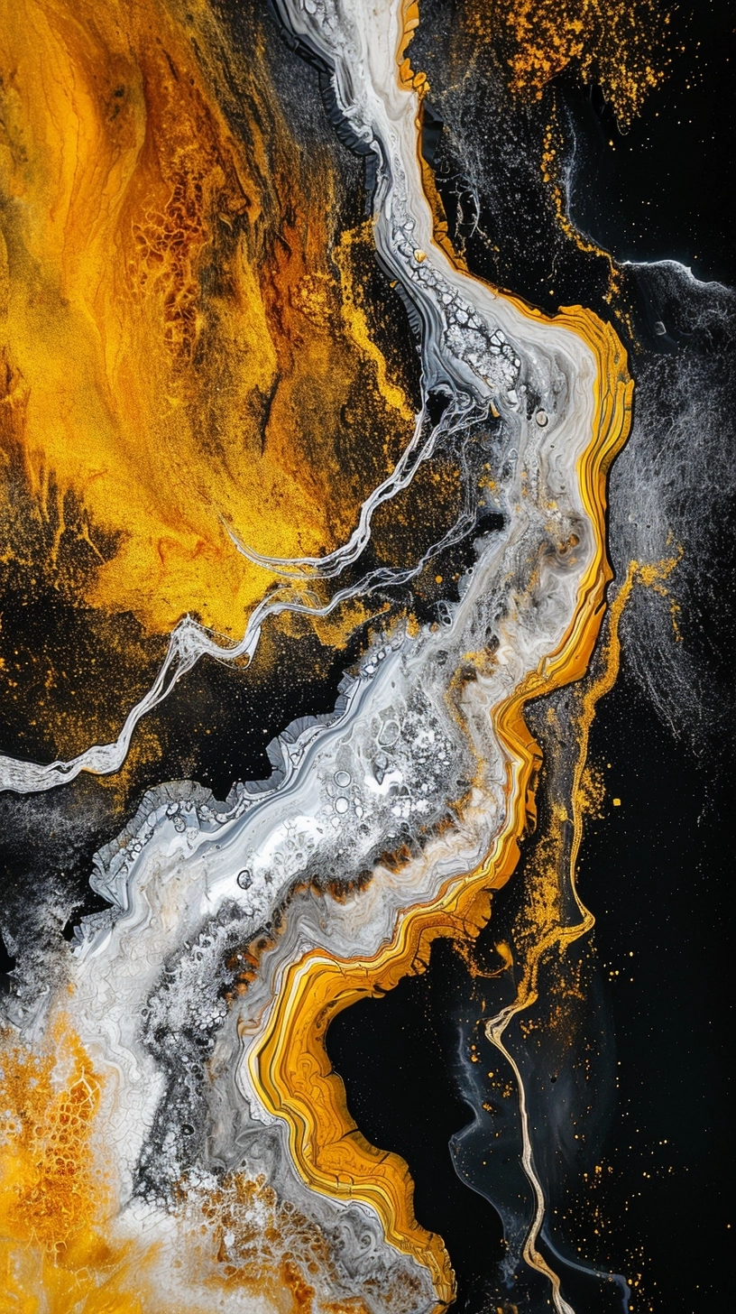 A modern white and yellow painting with a pattern on it, in the style of dark black and light amber, crystalline and geological forms, colorful moebius, delicate gold detailing, intense close-ups, shirin neshat, bess hamiti