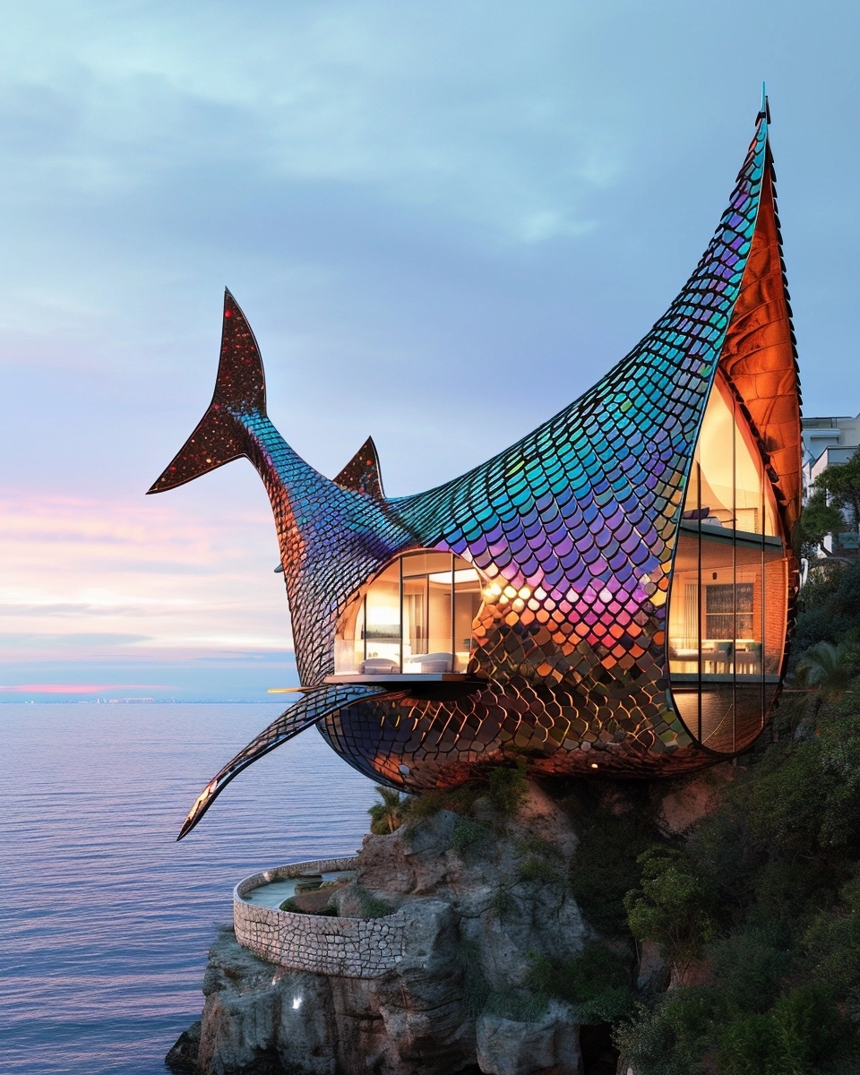 ultramodern cliffside villa shaped like a shark covered with large colorful tesselated gemmy metallic tiles, marvelous architectural concept photo, stunning modern cityscape view