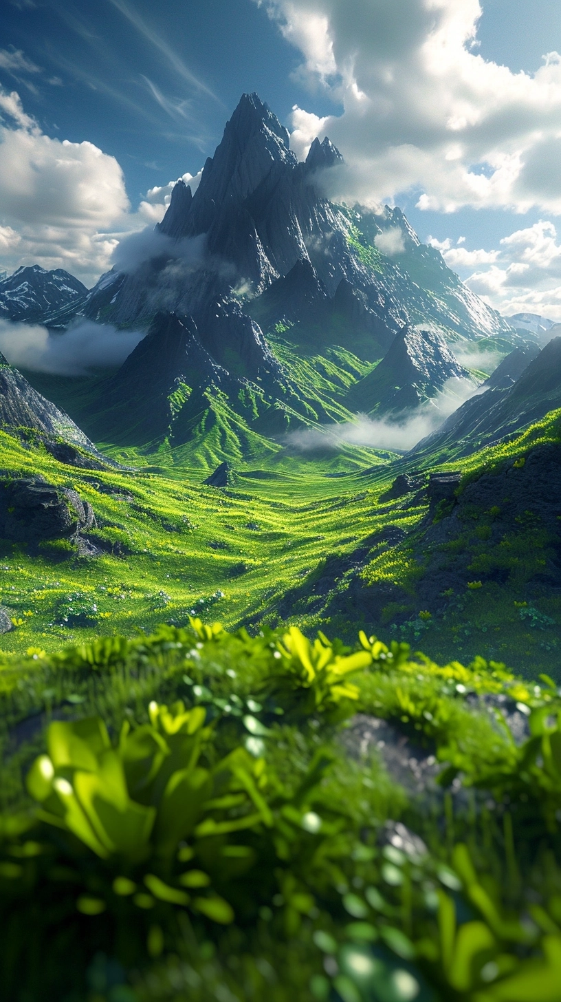 Frontal, low angle view of a continental apex, a green meadow with hills, transformed by cyberpunk influences. Elements like digital weather control systems and holographic plants, blended with natural scenery. Ultra-realistic, hyper-detailed, ray-traced illumination, creating a vivid, high megapixel cyber-natural landscape.