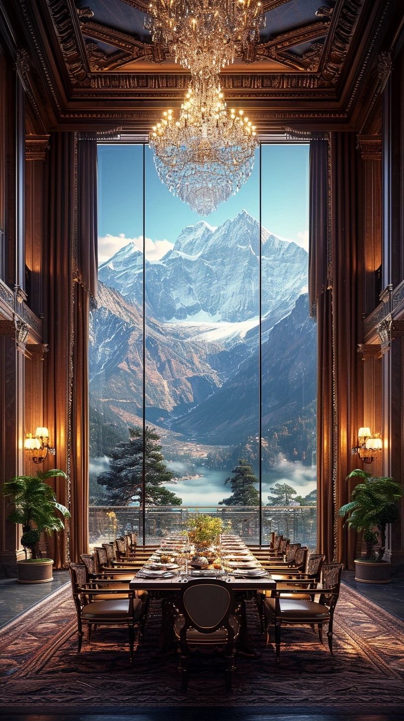 Create a highly detailed, ultra-realistic, photography-like image of an opulent dining room. The room should have a focal point is a double-height ceiling, stretching two stories high, bordered by floor-to-ceiling windows that showcase a breathtaking mountain vista. With a long, elegant dining table, surrounded by luxurious chairs. Above, crystal lighting fixtures should cast a warm, inviting glow. To add a touch of serene elegance, include a small indoor koi pond within the room. The overall ambiance should be one of spacious luxury, blending indoor opulence with the natural beauty of the mountains,