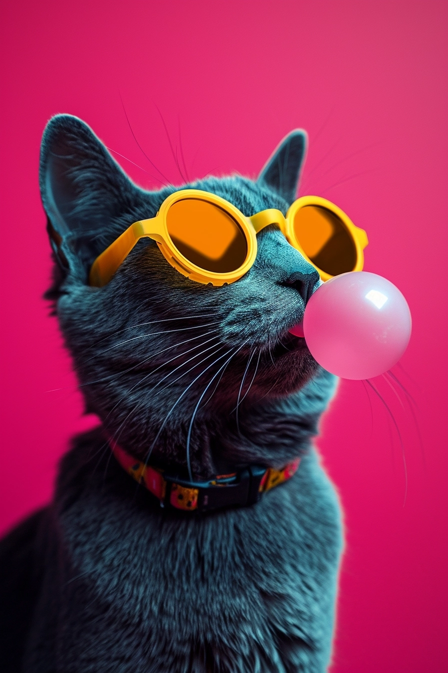 in the style of Anthony Burrill, portrait of russian blue cat blowing bubble gum, wearing neon goggles