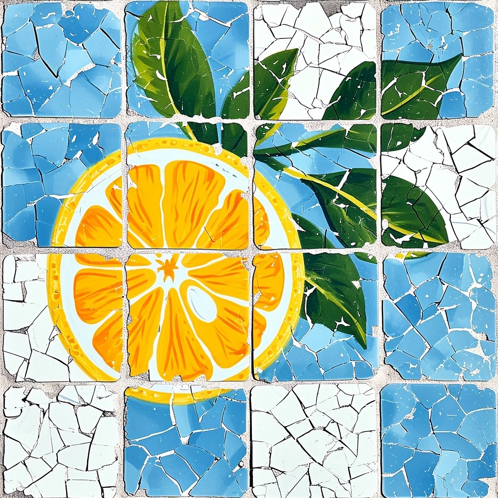 light blue and white Italian-style Roman mosaic tile pattern background, with a prominent and brightly colored lemon design on top