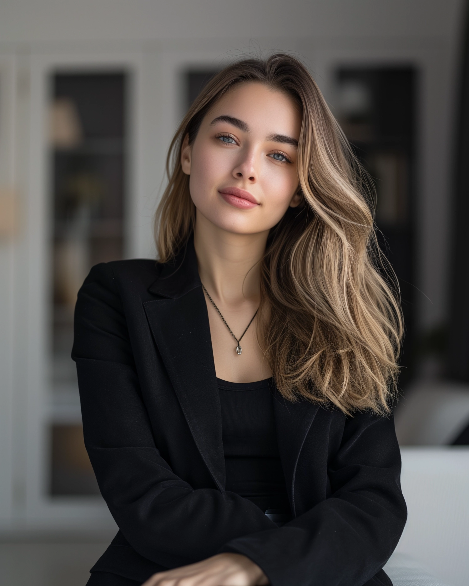 Photo of a 20-year-old female, with a polished and sophisticated demeanor, dominating the online business world as a virtual e-commerce mogul and dropshipping expert. The photo should be a half-length portrait, shallow depth of field to emphasize the subject, taken using a Canon EOS R camera with a 50mm f/1.8 lens, f/2.2 aperture, shutter speed 1/200s, ISO 100 and natural light, Full Body, Hyper Realistic Photography, Cinematic, Cinema, Hyperdetail, Ultrahd, Color Correction, ultrahd, hdr, color grading, 8k facing the front.