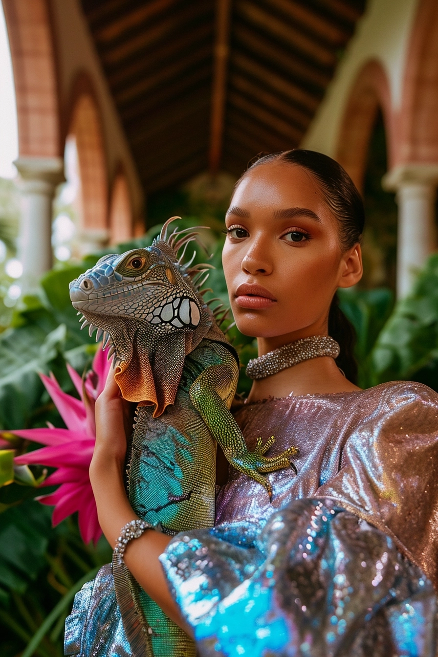 a closeup photo of a gorgeous model wearing a shimmering metallic blouse with a huge iridescent rainbow colored iguana sitting on her arm, you can see the details of the iguanas skin, they both look into the camera, the model is standing in a tropical indoor palace garden with arches, big iridescent pink flowers grow around them, dreamy aesthetic