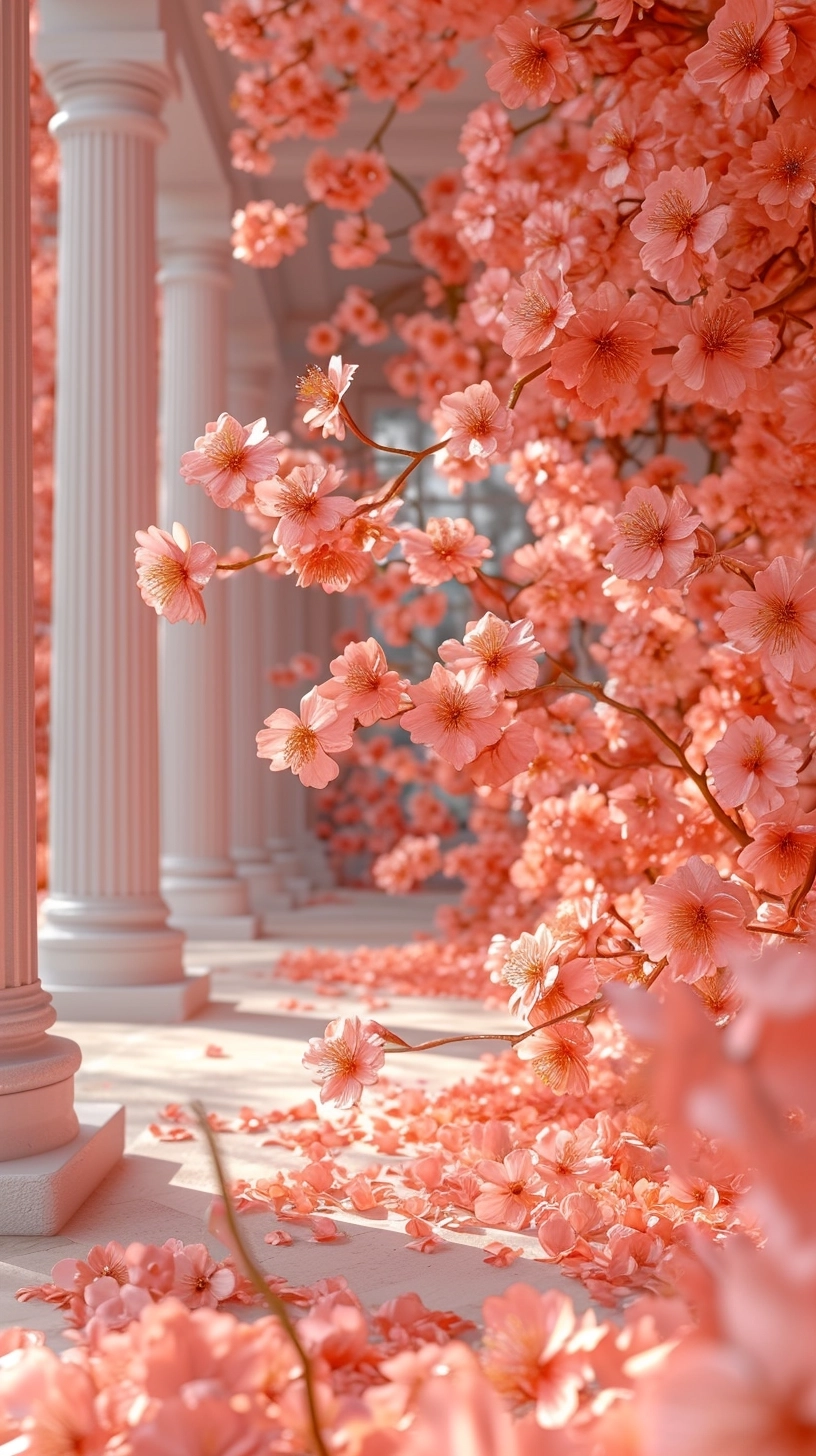 a garden of orange colors cherry blossoms, trees and columns background, detailed,, ultra realistic, light, highlights, 32k, 3D, 4K, black light aesthetic, color pop,