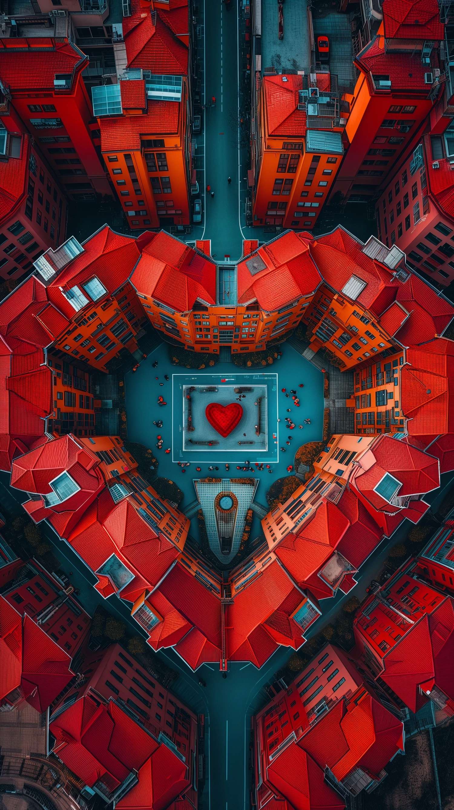 Minimalistic aerial photography of a surreal amusement park inspired by MC Escher. Buildings forming the shape of a heart. Red tones, colorful