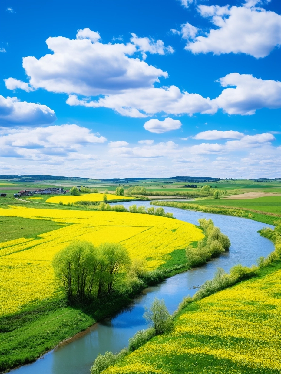 under the blue sky and white clouds in spring, a crooked river runs through the countryside, the fields on both sides of the river are full of yellow rapeseed flowers, there are several trees with red flowers in the field from near to far, lake, low altitude viewing, high definition picture 8k super clear picture, colourful and true.