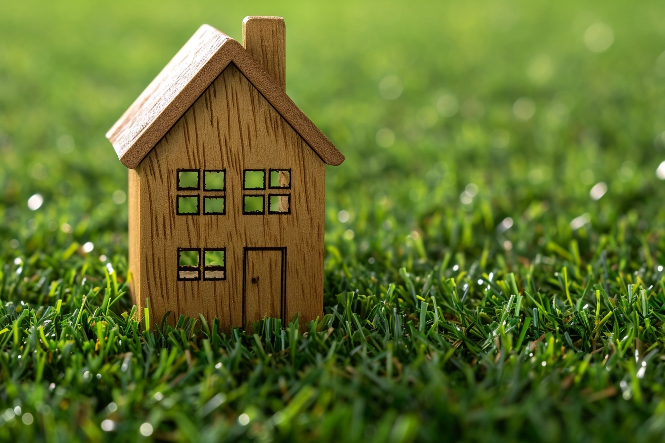 Wooden model of house on grass, summer outdoor, new home concept