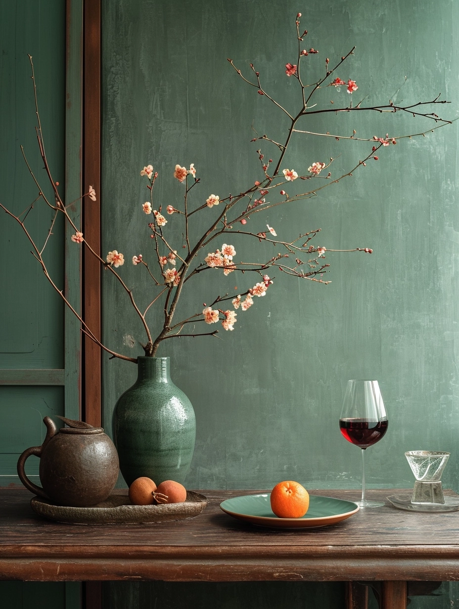 /a minimalist still life composition with a table setting featuring a nephrite jade chalice, lustrous seaweed green, white jade chopsticks, a tri-colored Tang plate with an orange, Ming dynasty porcelain holding lychees, a celadon Song vase with red plum flowers, a bronze vessel cradling spinach, next to a minimalist glass filled with red wine