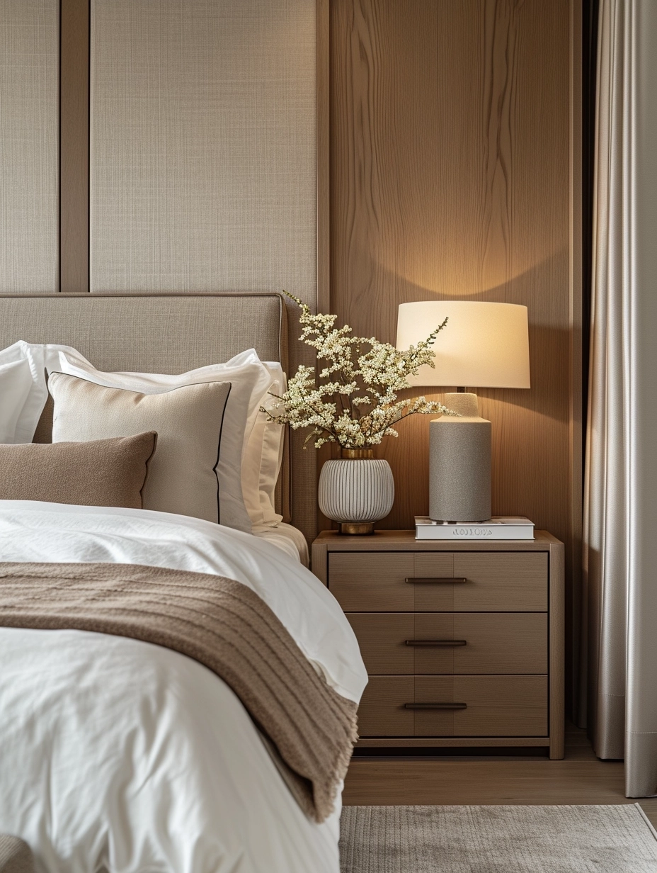 A minimalist full-house custom bedroom design photo inspired by Kelly Hoppen, featuring wood grain details on the furniture for a simple yet upscale aesthetic. The design, reflective of Pinterest trends, showcases a balance of Hoppen's luxurious minimalism and modern practicality.