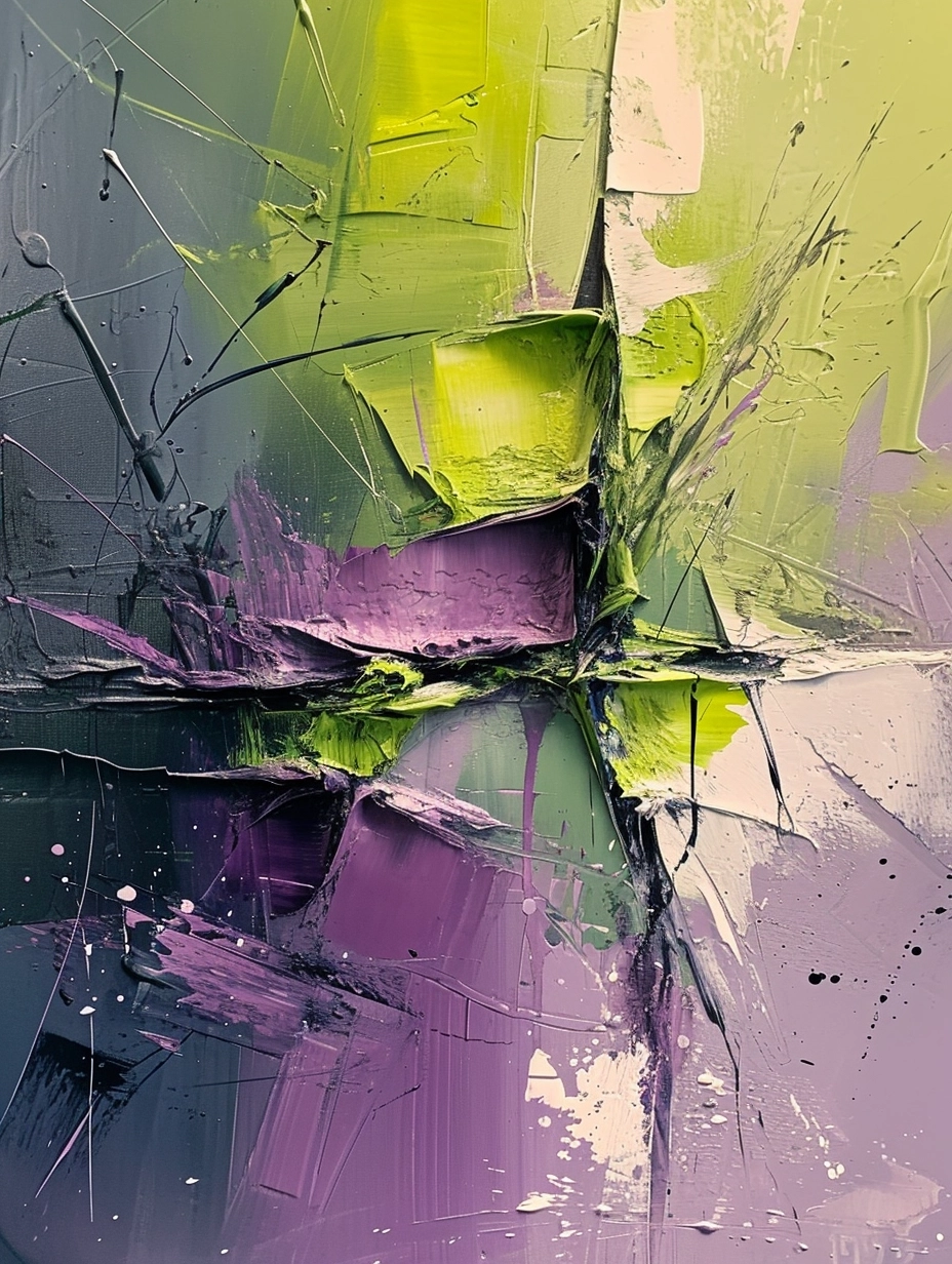 abstract painting, abstract shapes of a broken shop window, splashes of abstract paint all around the image, colours: mauve, lime green, pearl grey, white