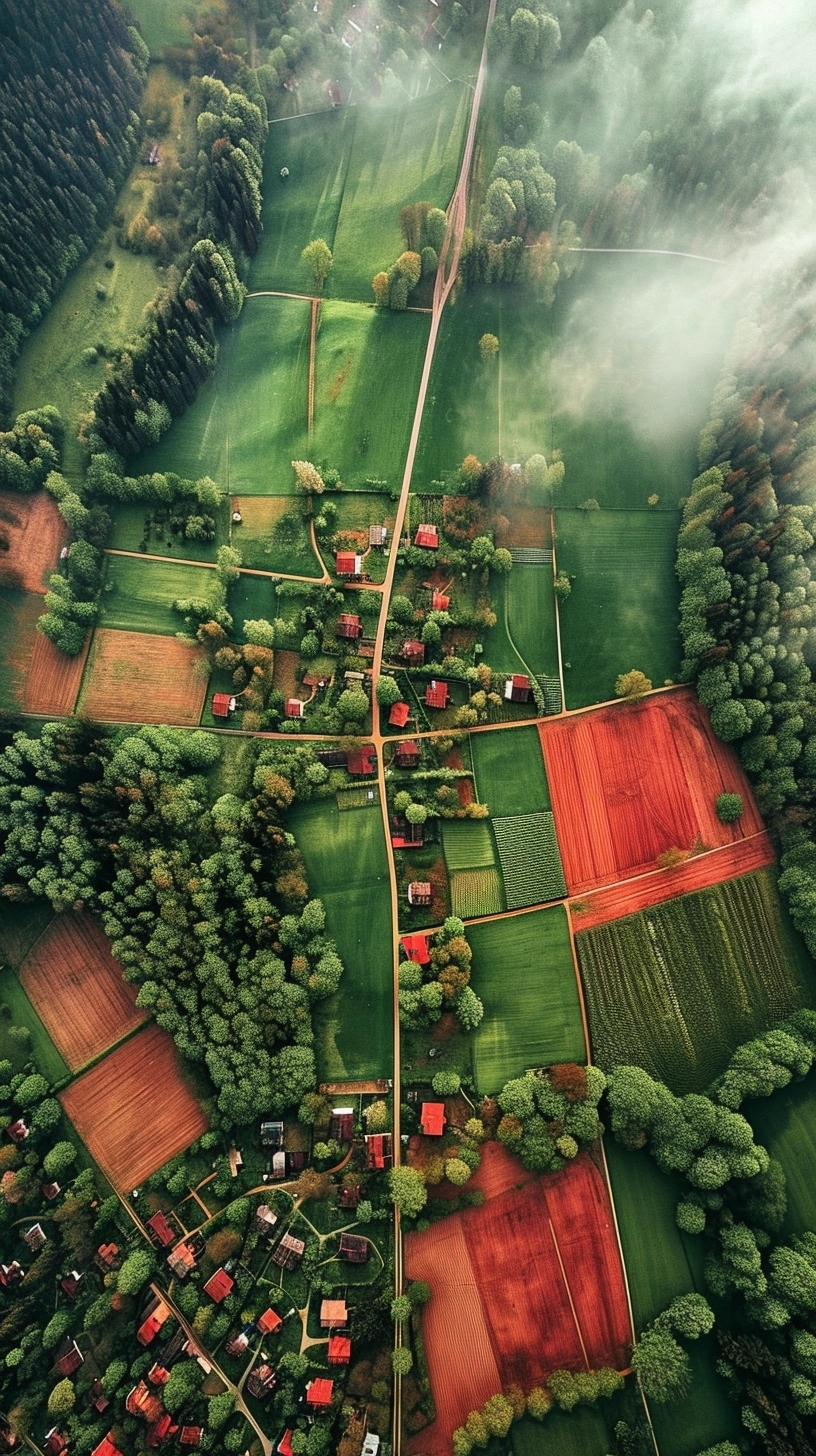 Aerial photo, rural farmlands, style like a painting by Mark Rothko