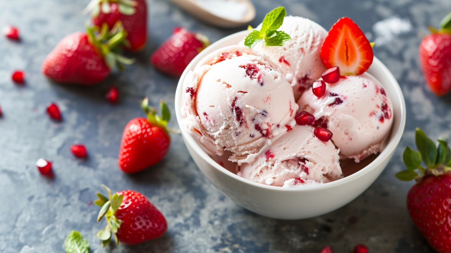 Dessert in the form of sweet creamy ice cream with strawberries
