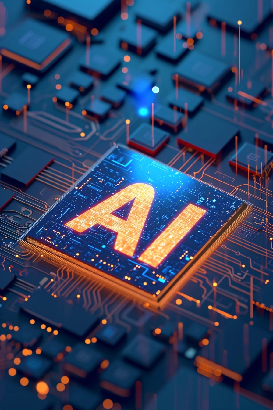 On top of a sophisticated chip, there is a hologram consisting of two letters "AI", Unreal Engine rendering, depth of field effect, 3D, 8k,