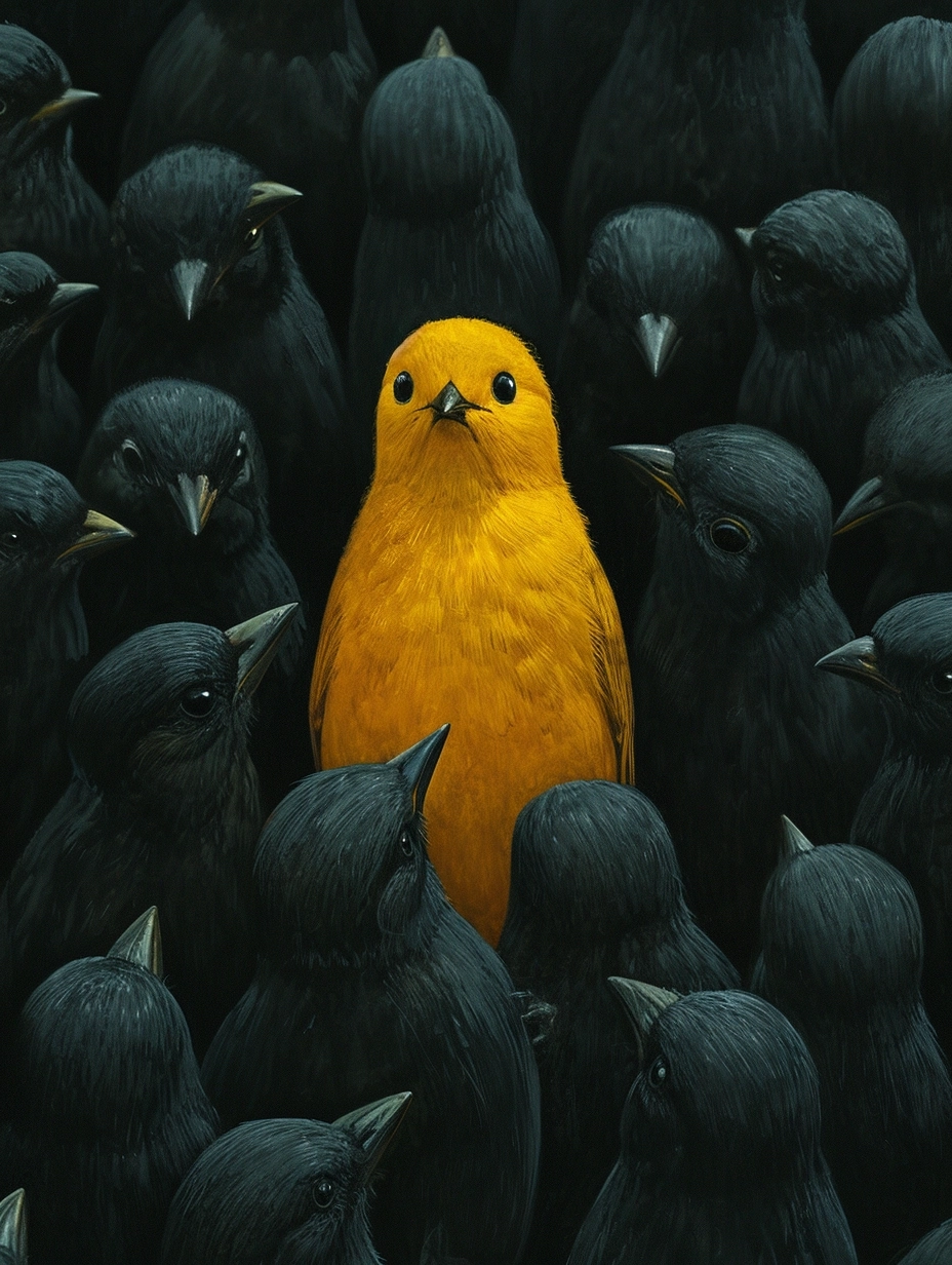 There is a yellow bird in the middle of the black flock, comic