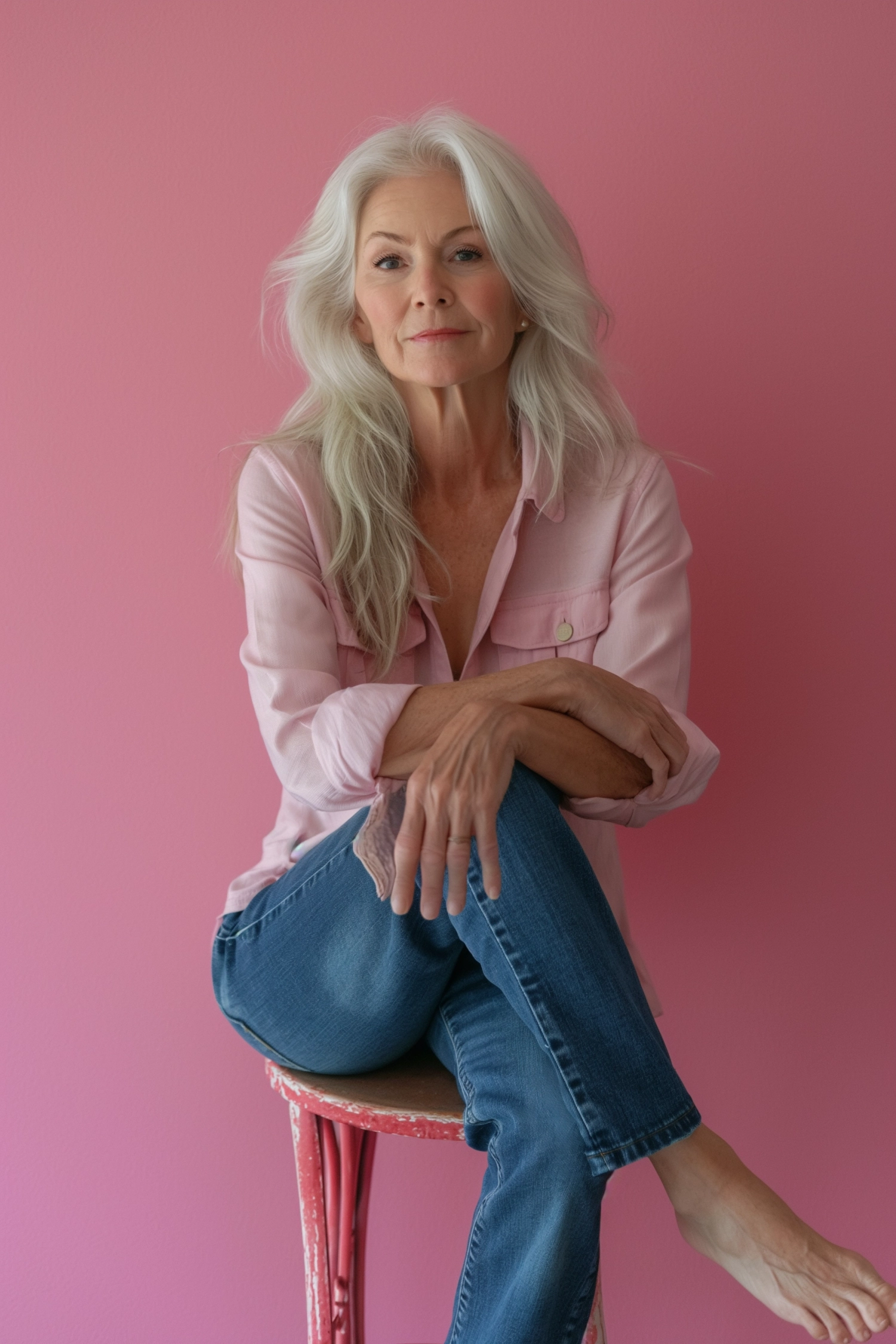 A blond fit woman, 70 years old, sits on a high stool, facing the camera, with one leg crossed and the other naturally drooping. She is wearing jeans with a pure pink gradient background, barefoot, and is a professional photographer