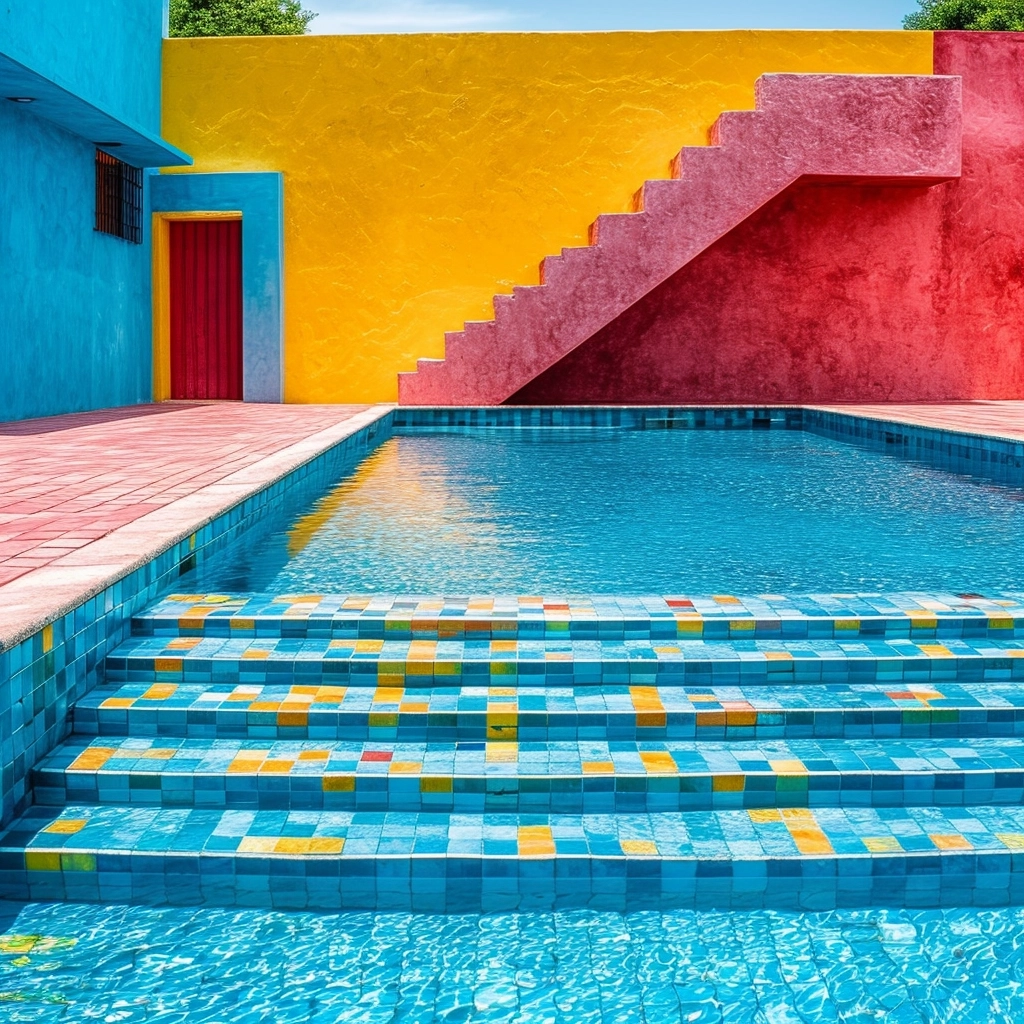 estilo impresionista,microminimal estilo fotografía premium de piscinas en colores vivos