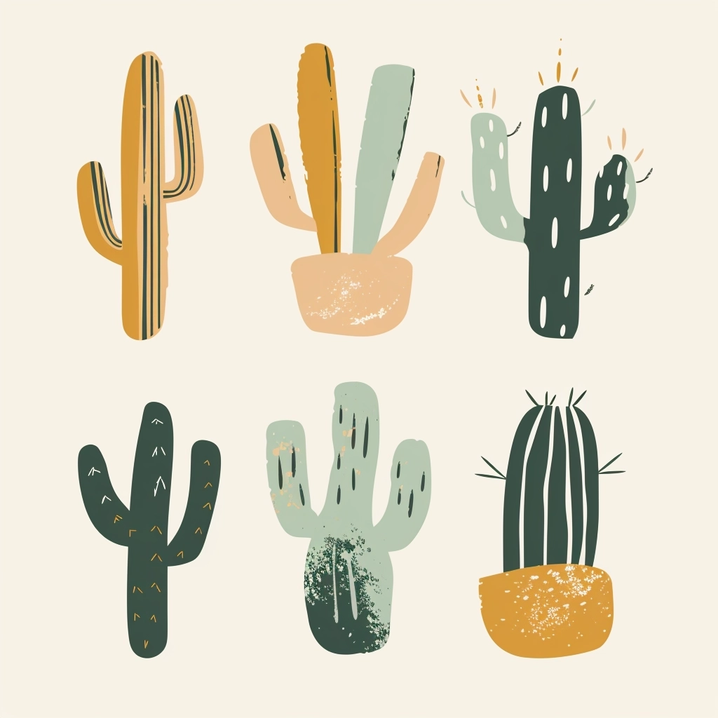 small clipart set of 6 simple abstract cactus, non uniform shapes, petrol green, light green, brick color and mustard, in the style of minimalist graphic designer, pencil strokes, bold shapes, subtle tonal range, tinycore, icon, sophisticated woodblock, whimsical minimalism, tinycore, isolated on ecru background
