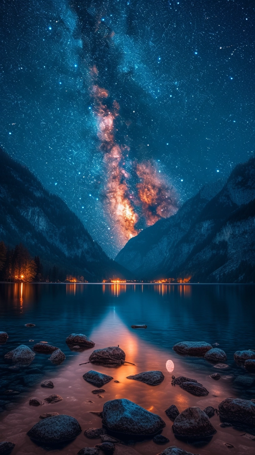 On a very dark night, the Milky Way can be seen in the sky, the beautiful mountains and rivers can be seen