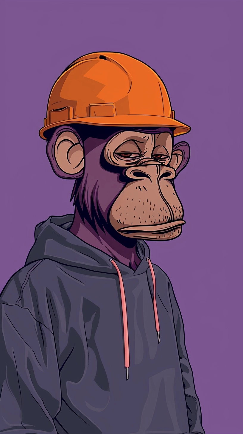 bored ape wearing a supreme hoodie and a construction helmet, bored ape nft illustration style, purple background,