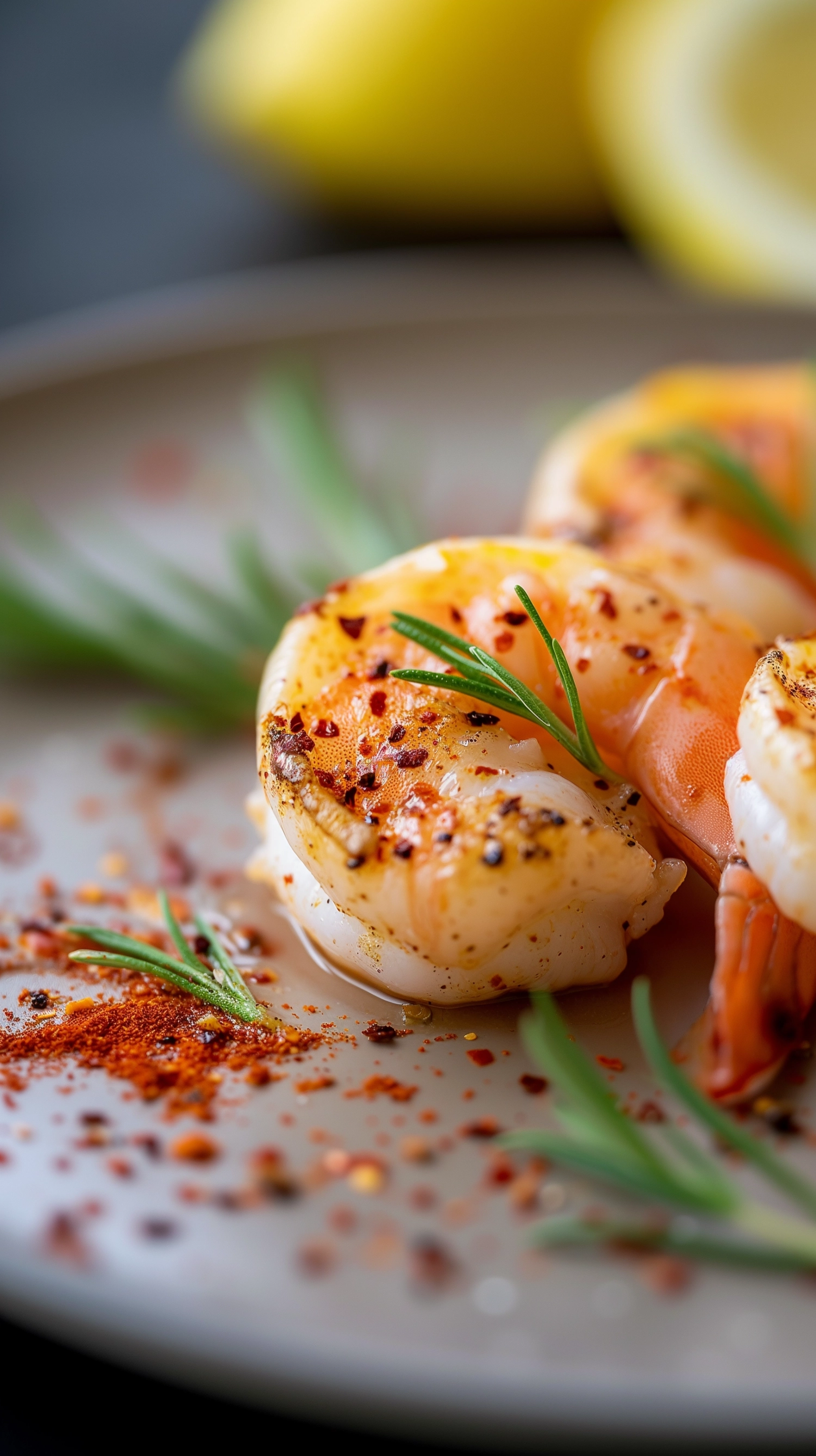 professional food photography: grilled seafood shrimp with lemon and spices, soft pastel, lots of copy space
