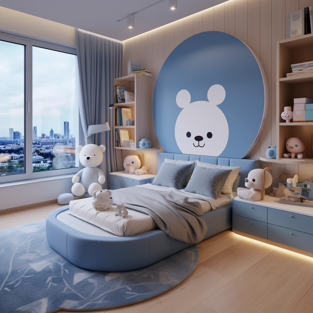 Children's bedroom design aged 7-8 years, decorated in a modern, modern style, blue theme and white teddy bear , TV shelf decorated in the style of a young lady, wooden floor, comfortable, warm, toy set, round lamp, on the left there is a window overlooking the view.