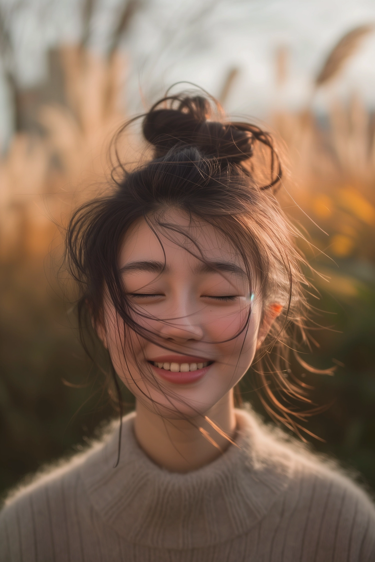 portrait photo of a young chinese woman's full face in focus, giggling, hair in a messy bun, symmetry, playful shadows, in a garden, pastel colors