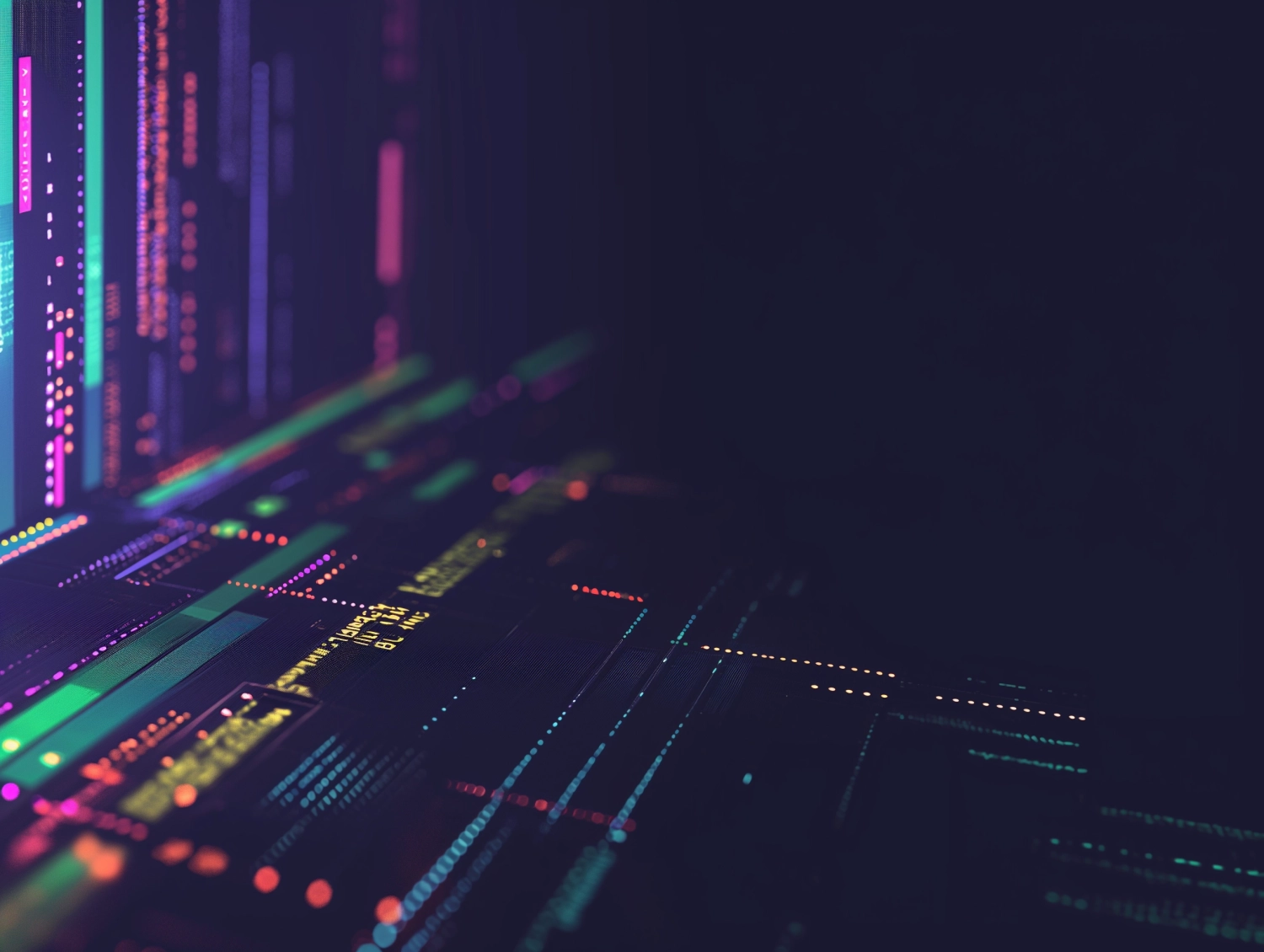 a modern minimal simple vectorized background for powerpoint of artificial intelligence, crypto currency, and crypto chart website ,challenge, with a space for text box, representing the mix of Artificial intelligence and binance ,with black background and a text field and a little purple, green, grey