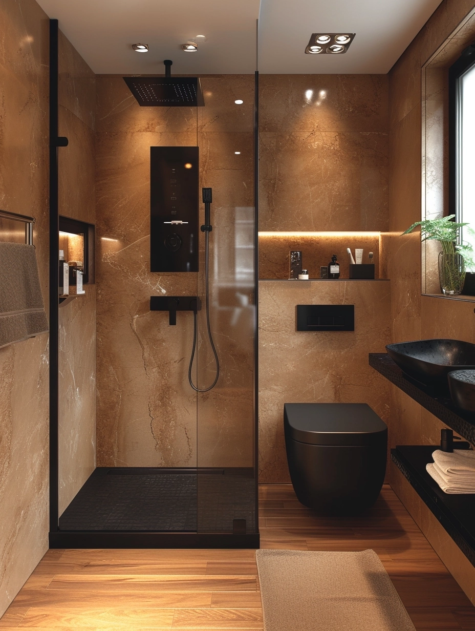 Ultra-compact bathroom with distinct wet and dry zones, showcasing a modern, minimalist, and unique design style. Cream Black color design.